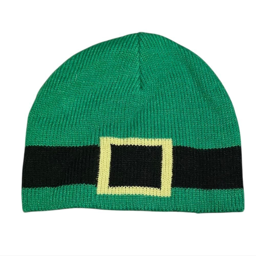 St. Pattys Green Knit Beanie with Buckle Design